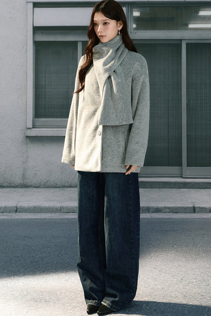 Asymmetrical Scarf Collar Woolen Jacket