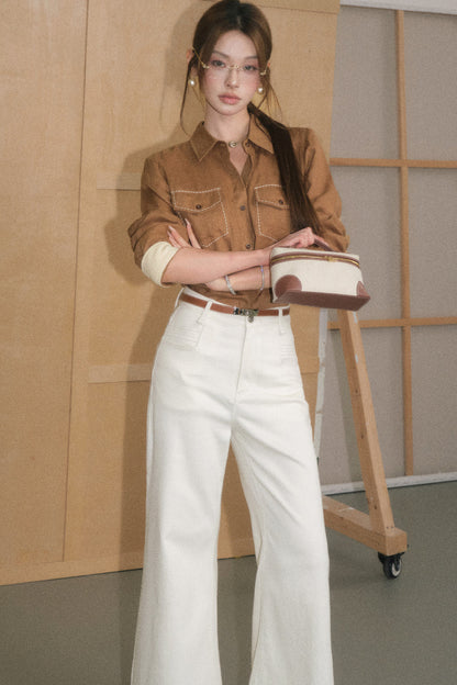 Color-Blocked Linen Shirt and White Pants Set-Up