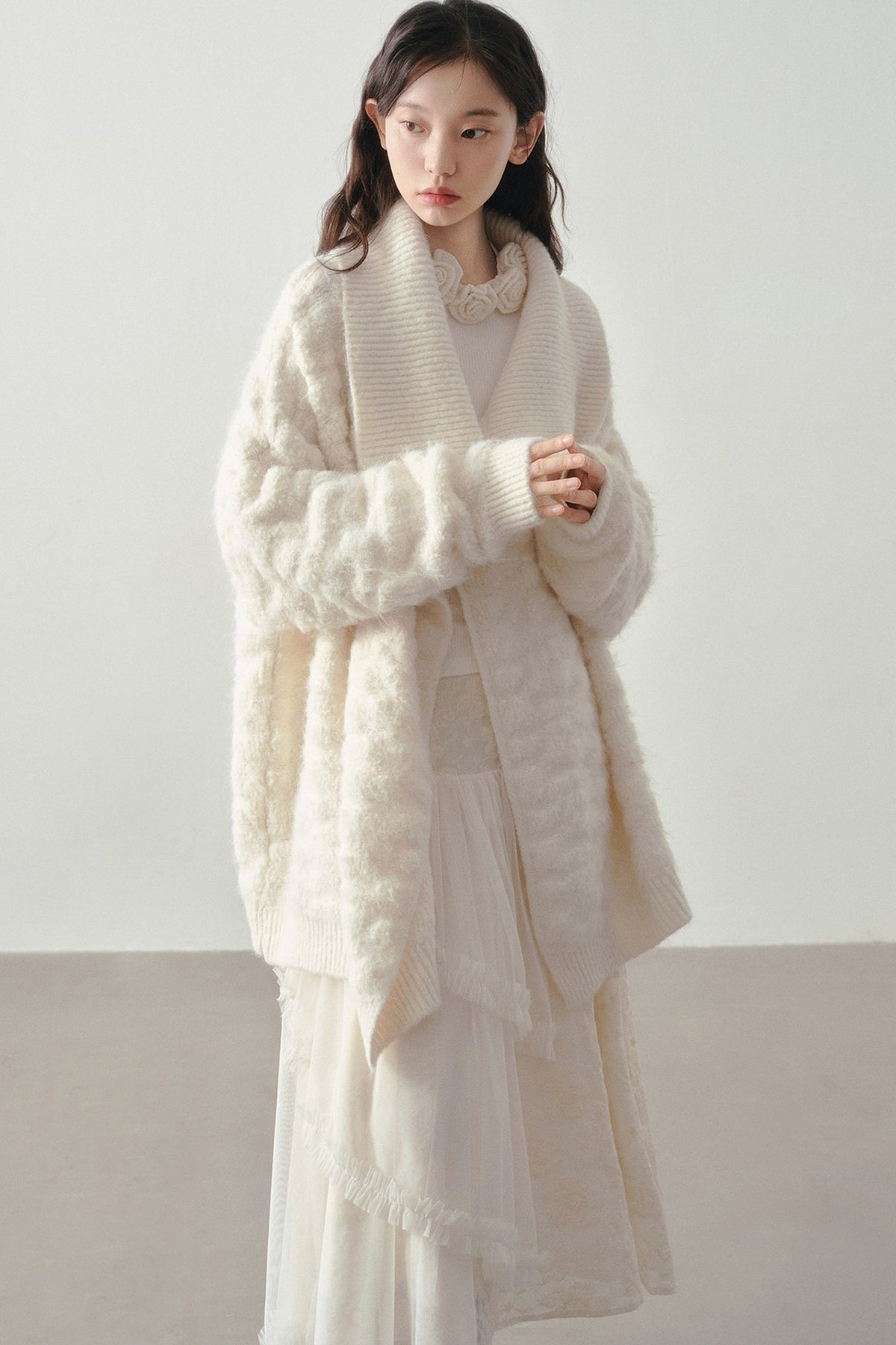 Beige Thick-Knit Loose Mid-Length Cardigan