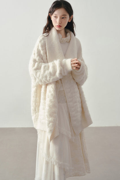 Beige Thick-Knit Loose Mid-Length Cardigan