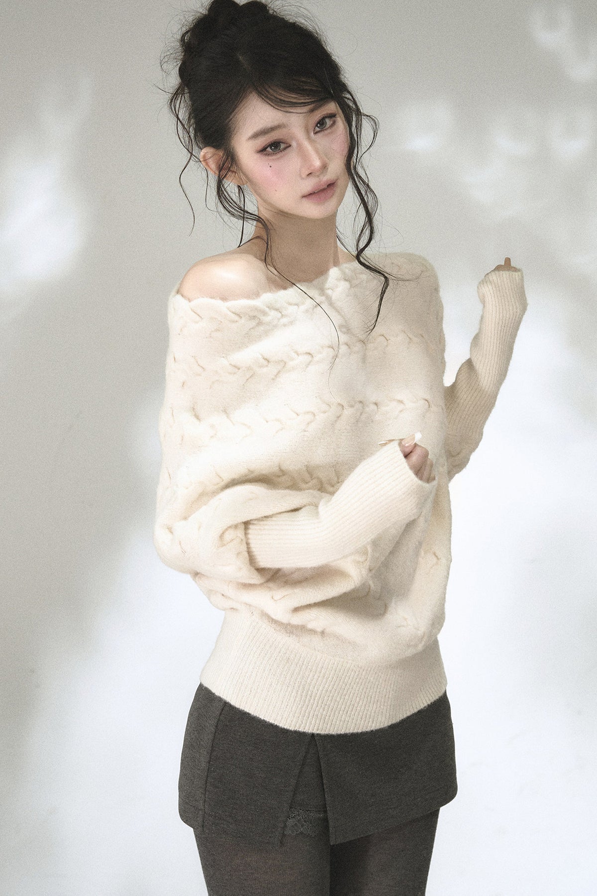 Diagonal Cable Knit Off-Shoulder Sweater