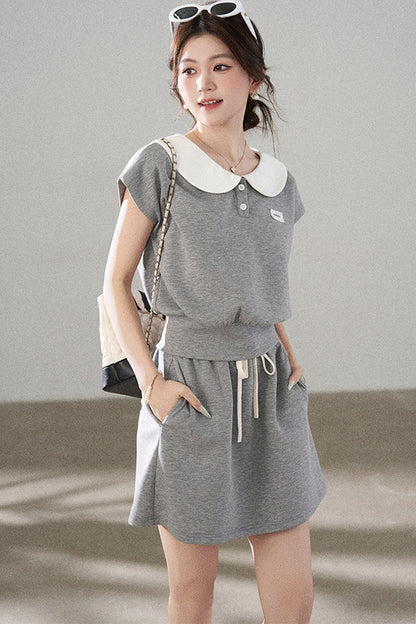 Gray Doll Collar Short-Sleeve Top and Skirt Set-Up
