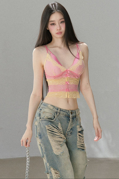 Top in pizzo a blocchi di colore con scollo a V profondo