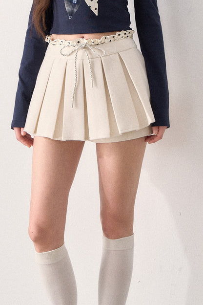 Polka Dot Waistband Layered-Look Pleated Skirt