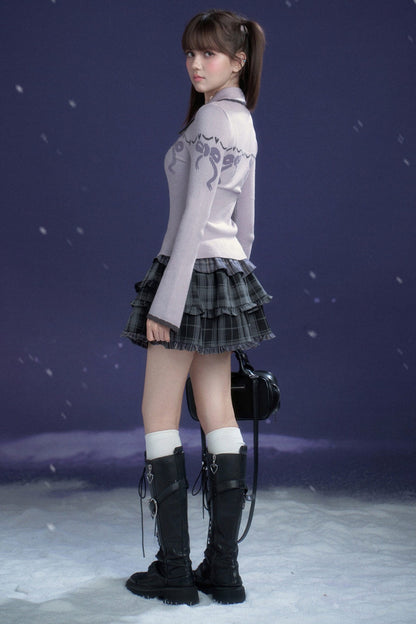 Milk Purple Bow Jacquard Turn-Down Collar Cardigan Top