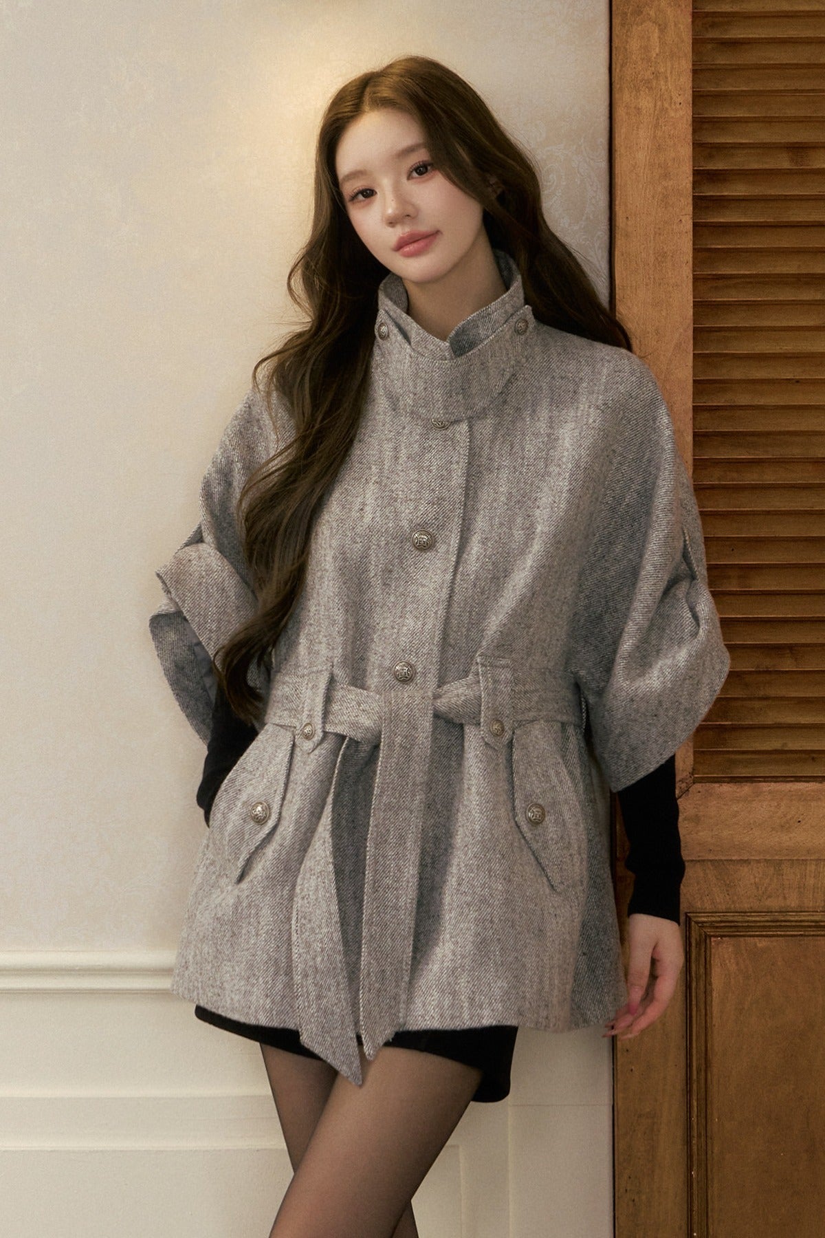 Stand Collar Batwing Wool Cape Jacket