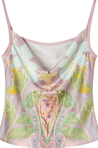 Printed Satin Bias Cut Cowl Neck Camisole