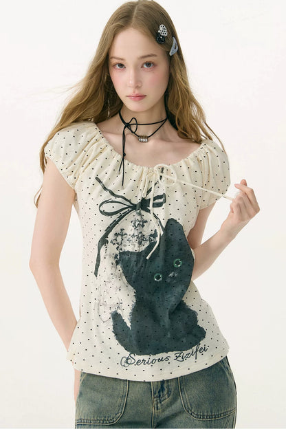 White Cat Print Off-Shoulder T-Shirt