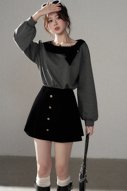 Gray Pullover Sweatshirt and Black Skirt Set-Up
