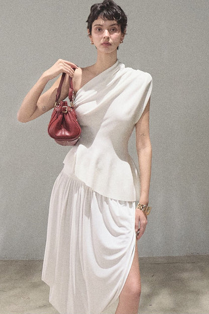 Irregular High-Waisted White Slit Skirt