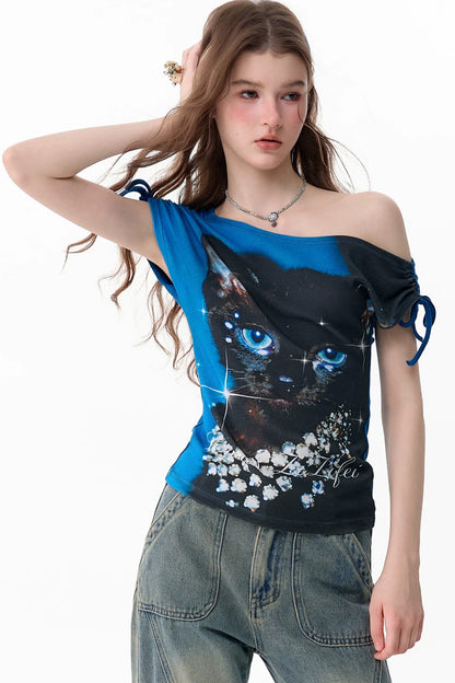 Maglia monospalla estiva con stampa gatto
