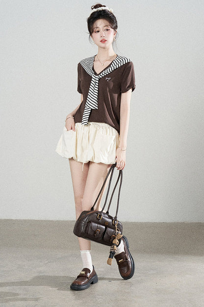 Loose Short-Sleeved Striped Shawl T-Shirt and Denim Skirt Set-Up