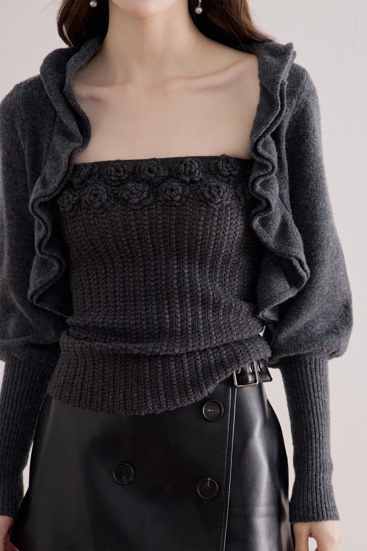 Floral Knit Top and Ruffle Cardigan Set-Up