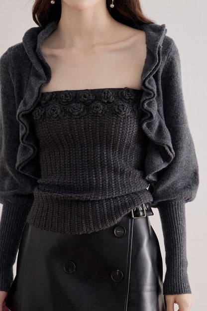 Floral Knit Top and Ruffle Cardigan Set-Up