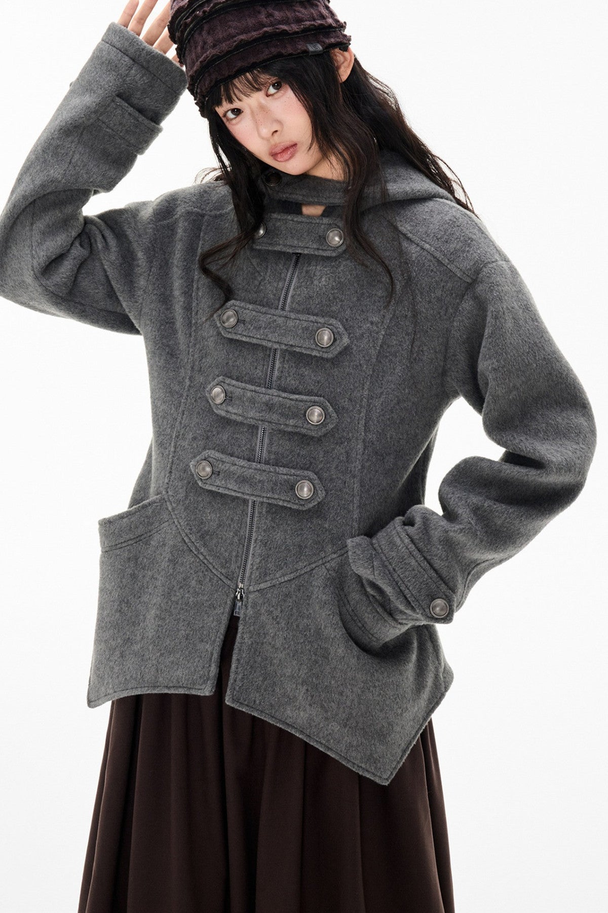 Woolen Hooded Irregular Hem Jacket