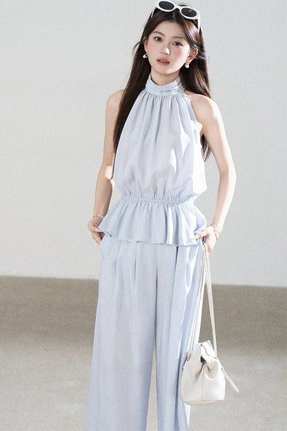 Blue Tencel Halter Shirt and Wide-Leg Pants Set