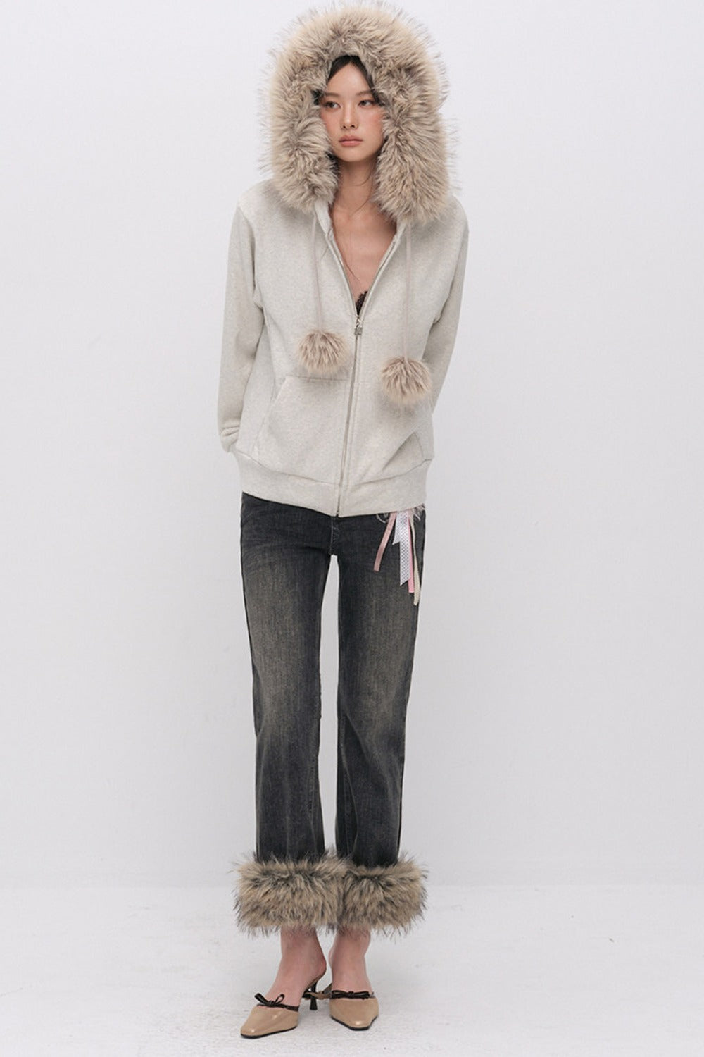 Fur Trim Hooded Sweatshirt and Sweatpants Set-Up