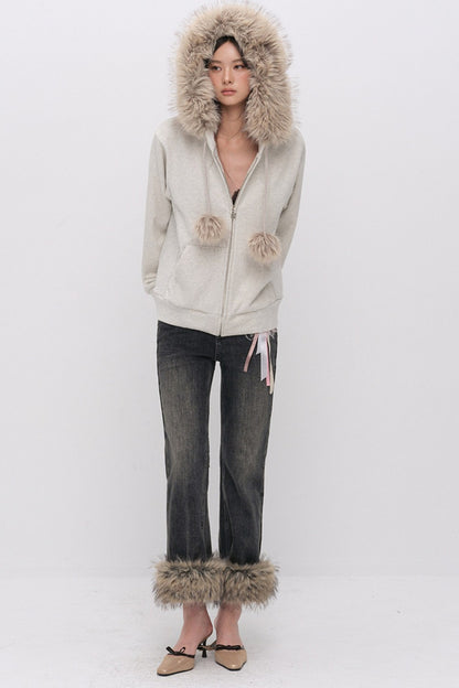 Fur Trim Hooded Sweatshirt and Sweatpants Set-Up