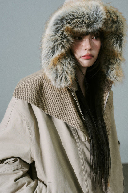 Horn Button Plaid Fur Collar Jacket