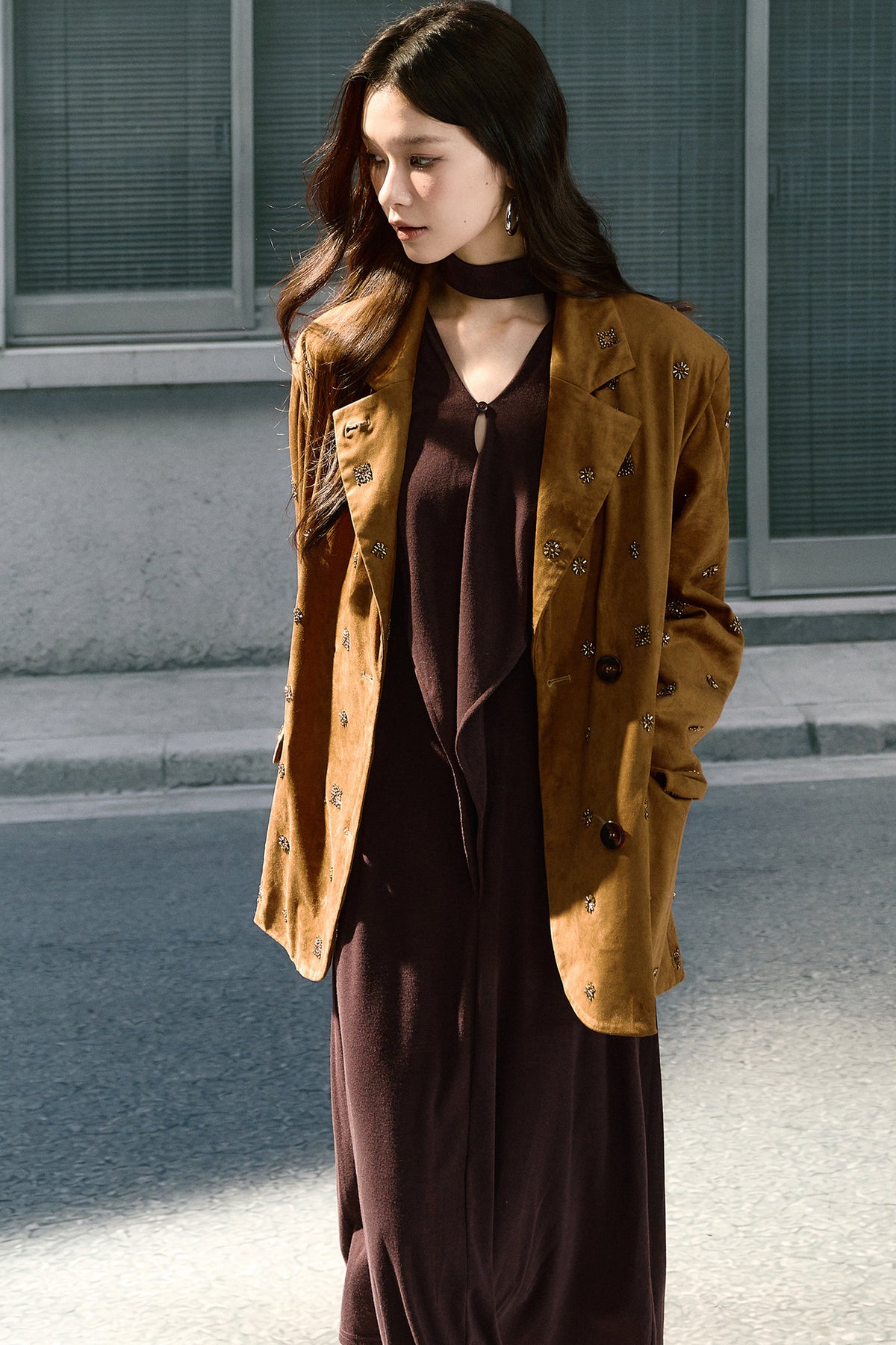 Beaded Suede Detachable Fur Collar Jacket