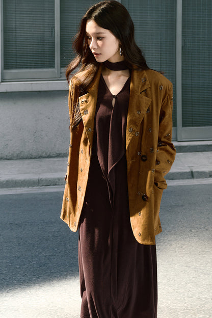 Beaded Suede Detachable Fur Collar Jacket