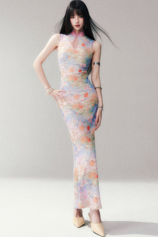 Ärmelloses Cheongsam-Kleid aus elastischer Spitze