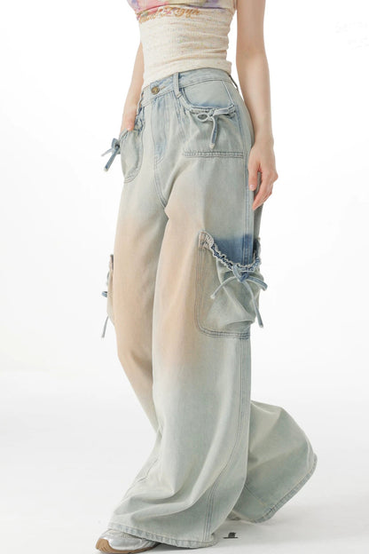 Pantaloni in denim retrò con fiocco