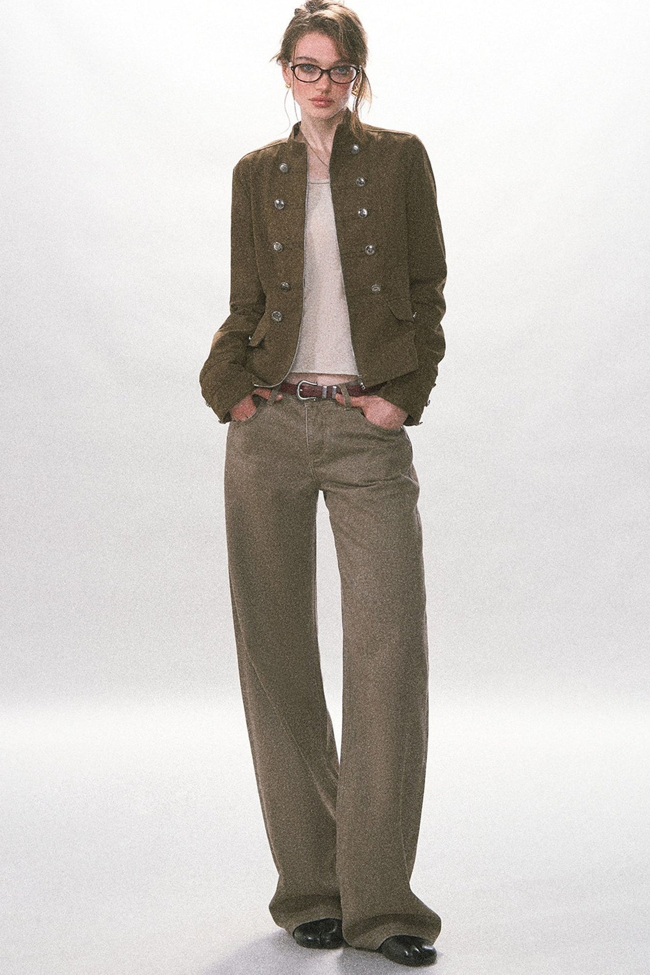 Pantalon rétro à jambes larges en sergé délavé