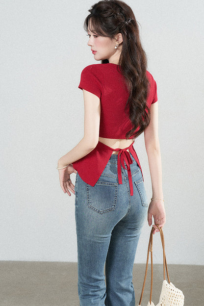 Square Neck Knit Top and Polka Dot Skirt Set-Up