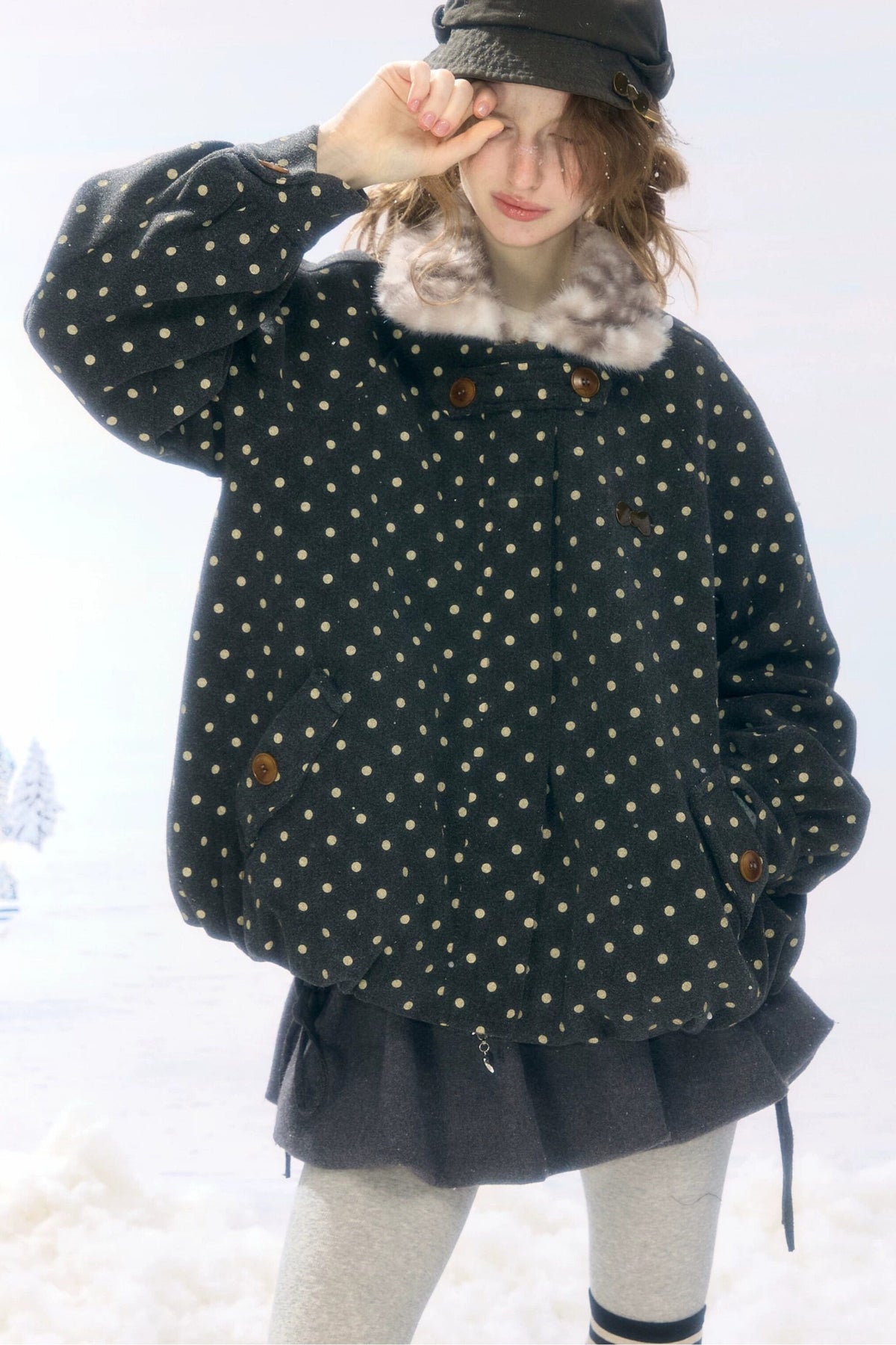 Short Polka Dot Plush Collar Cotton Jacket