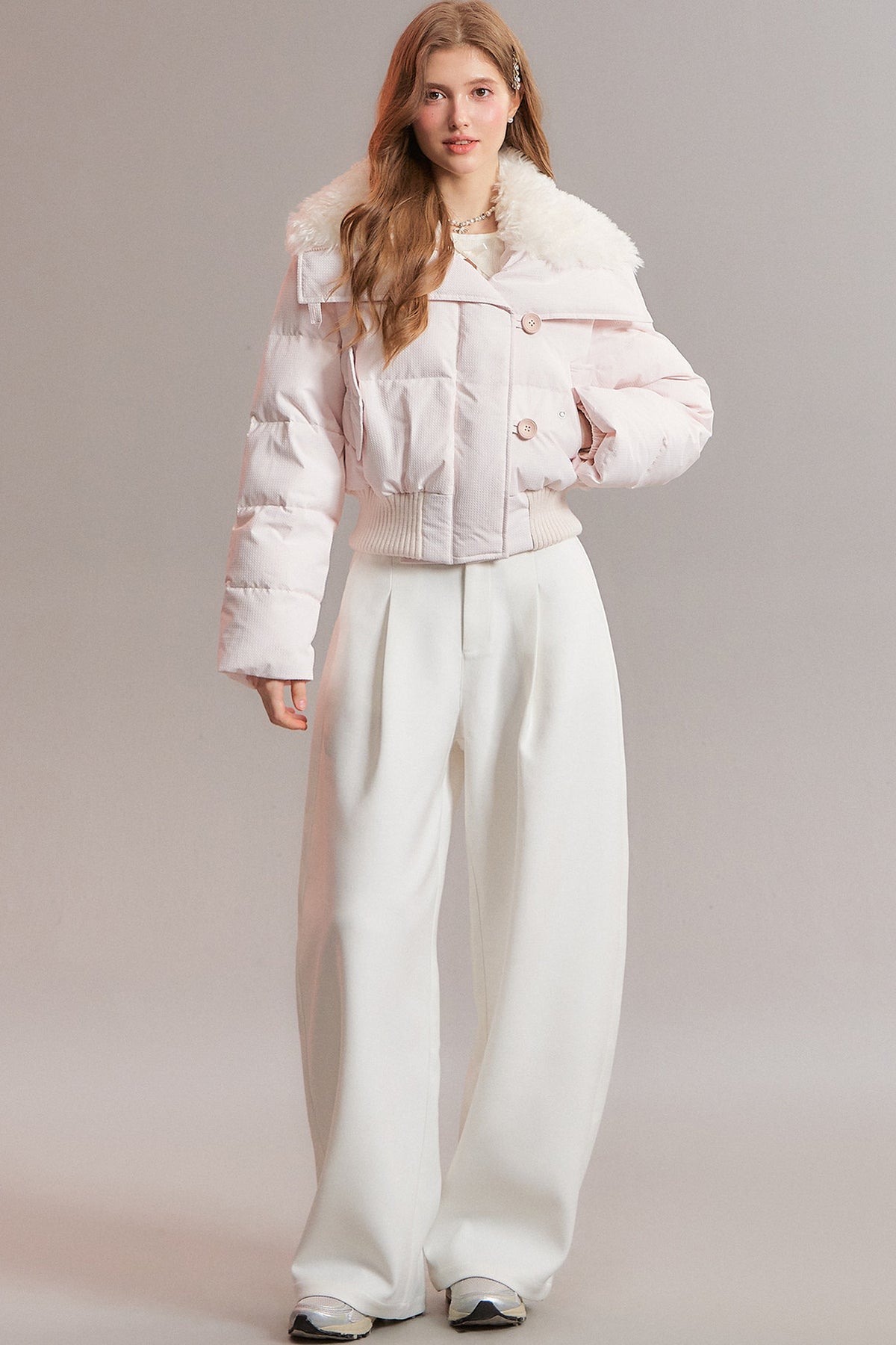 Pink Patchwork Fur Lapel Down Jacket
