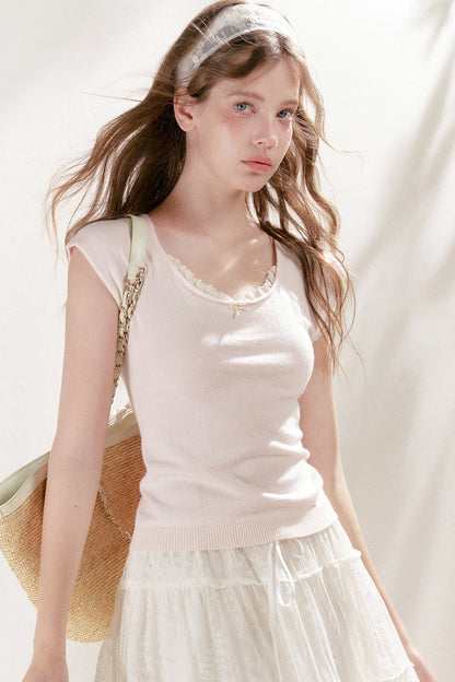 Lace Trim Square Neck Short Sleeve Knit Top