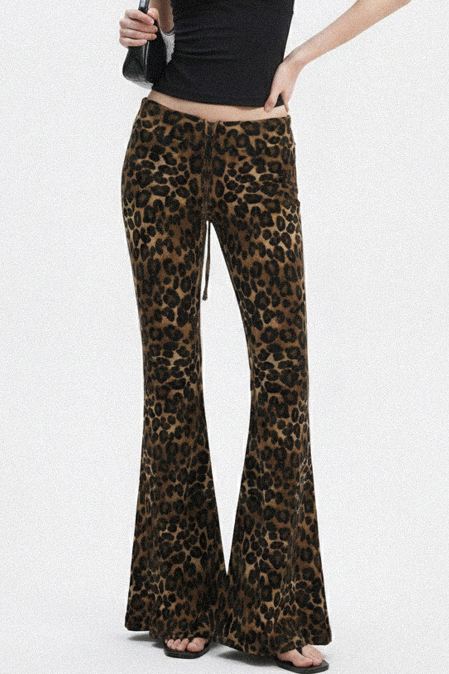Leopard Print Drawstring Foldable Waist Flared Pants