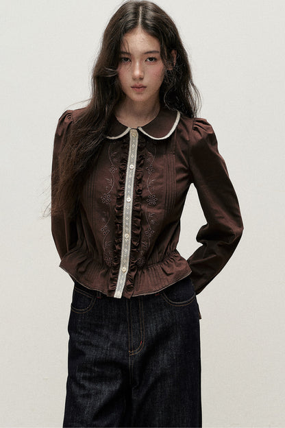 Brown Cotton Linen Doll Collar Shirt