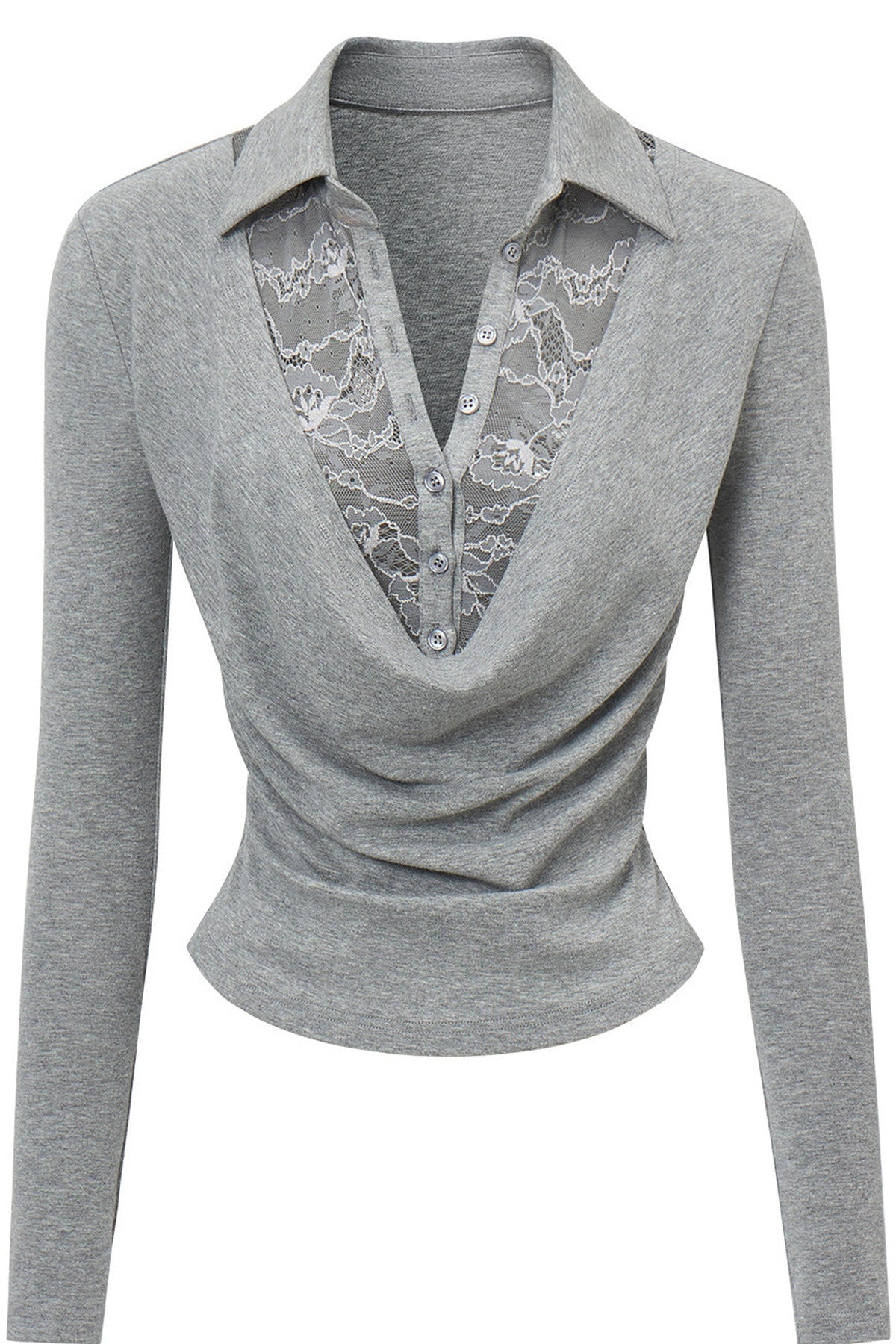 Lace Drape Collar Long-Sleeve Knit Top