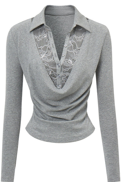 Lace Drape Collar Long-Sleeve Knit Top
