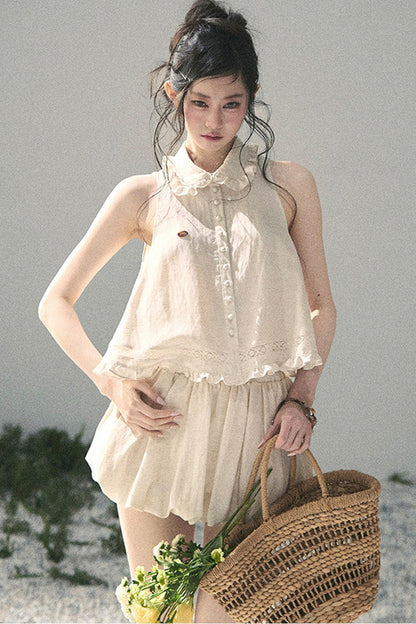 Conjunto de top de encaje francés y falda capullo