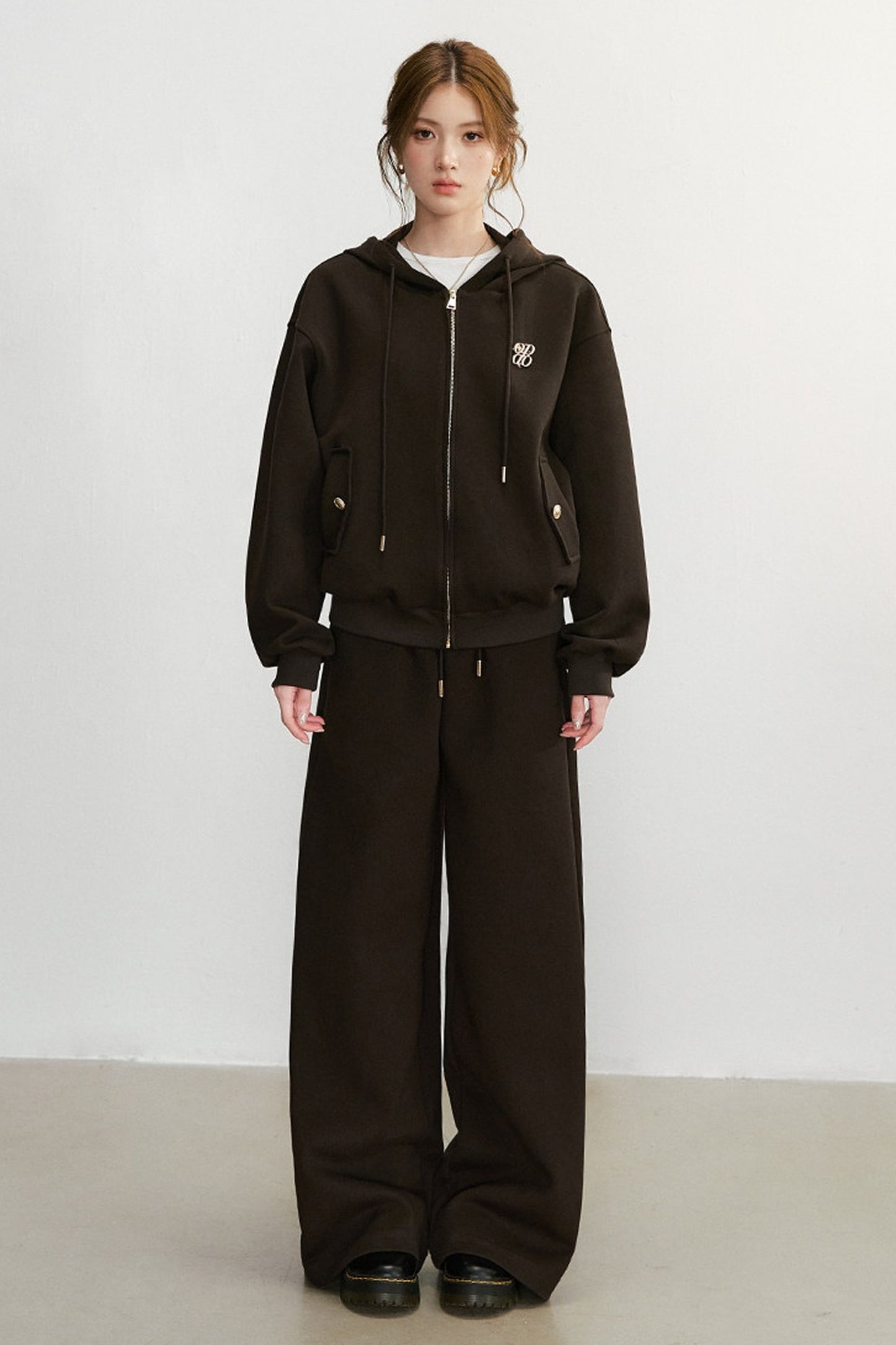 Embroidered Hooded Cardigan Sweatshirt and Wide-Leg Pants Set-Up