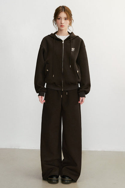 Embroidered Hooded Cardigan Sweatshirt and Wide-Leg Pants Set-Up