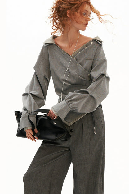 Irregular Textured Plaid Off-Shoulder Shirt