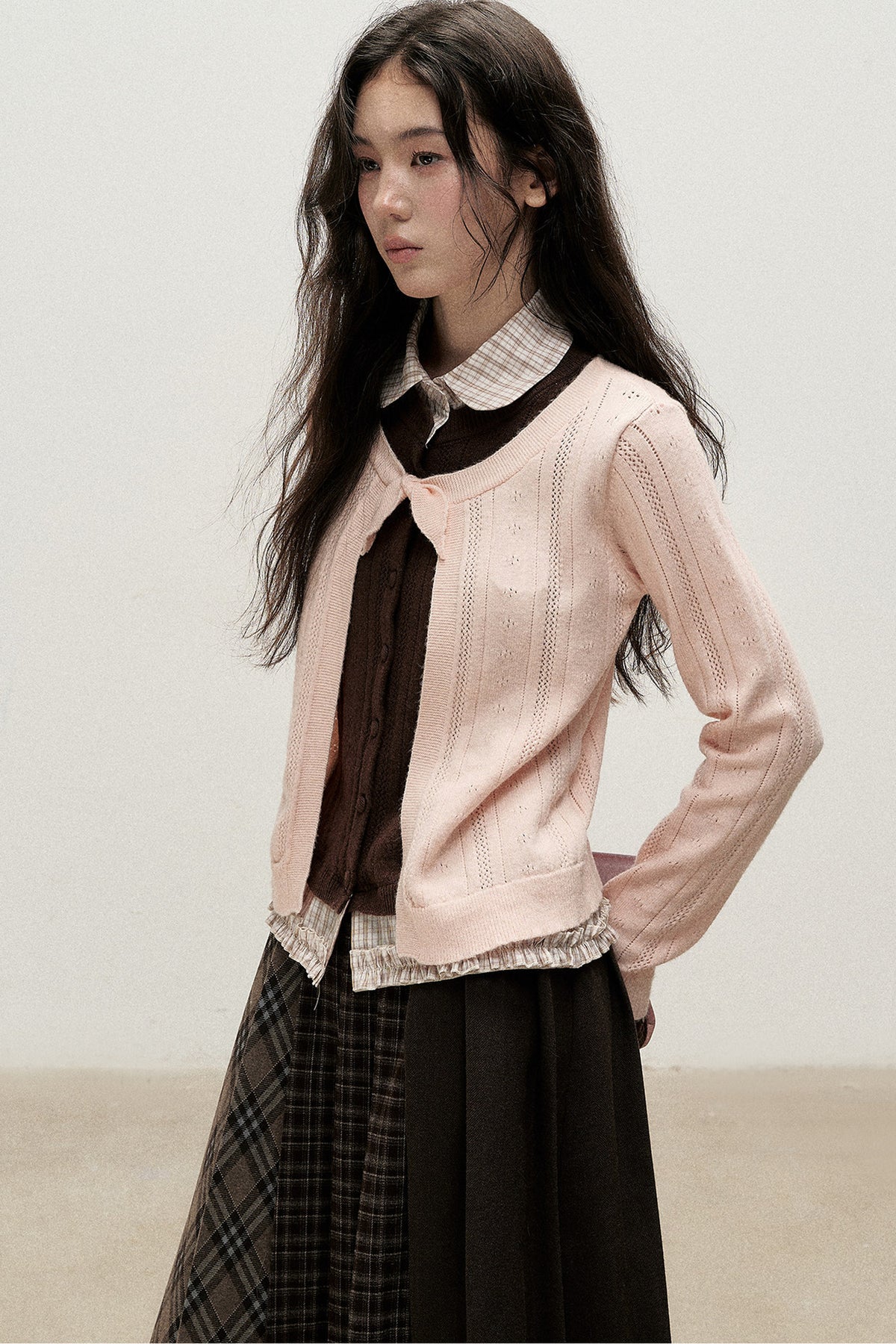 Plaid Collar Layered-Look Knit Top