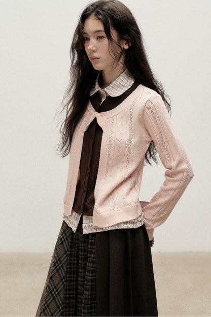 Plaid Collar Layered-Look Knit Top