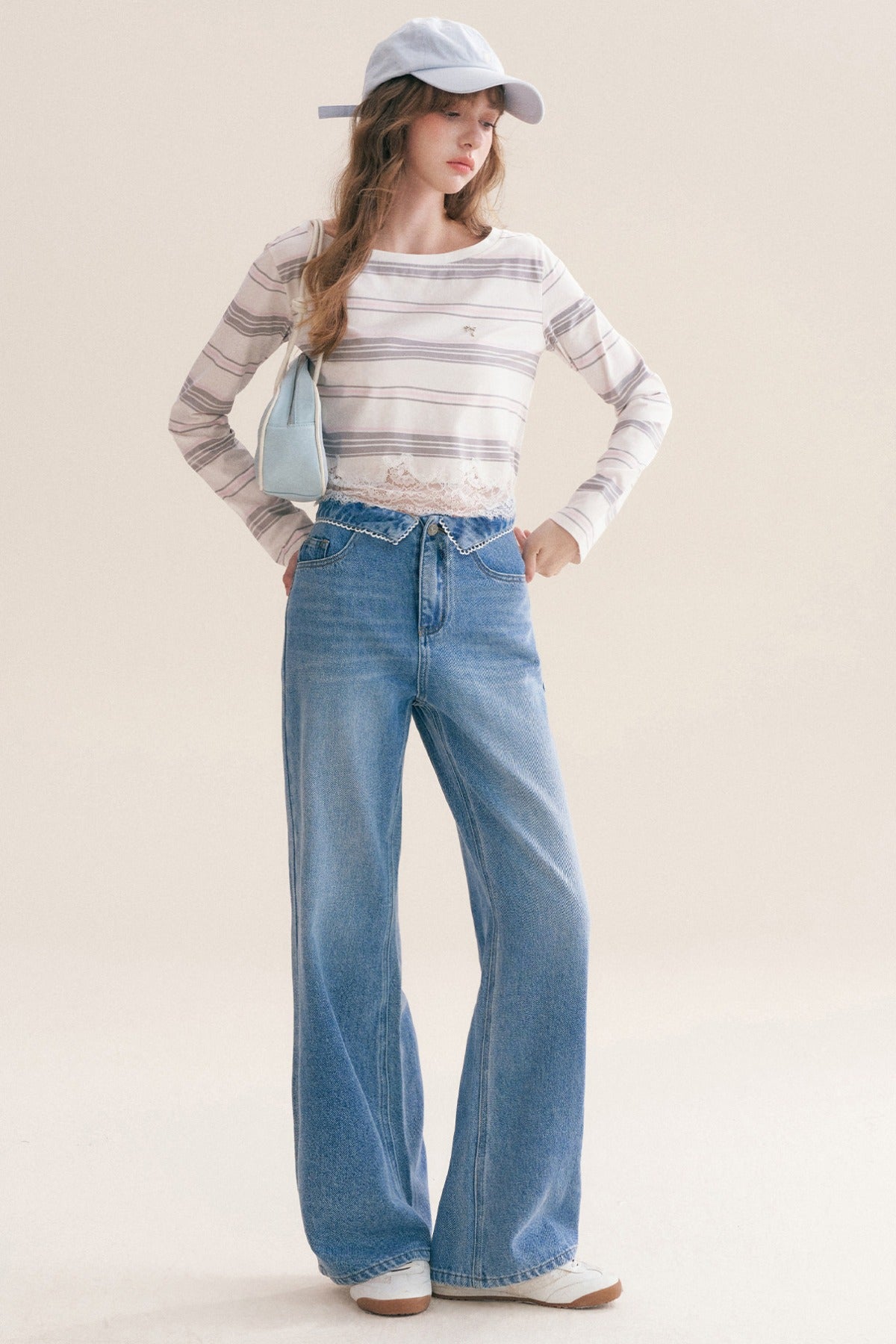 100% Cotton Folded Waistband Wide-Leg Jeans