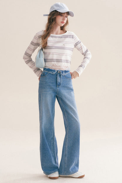100% Cotton Folded Waistband Wide-Leg Jeans