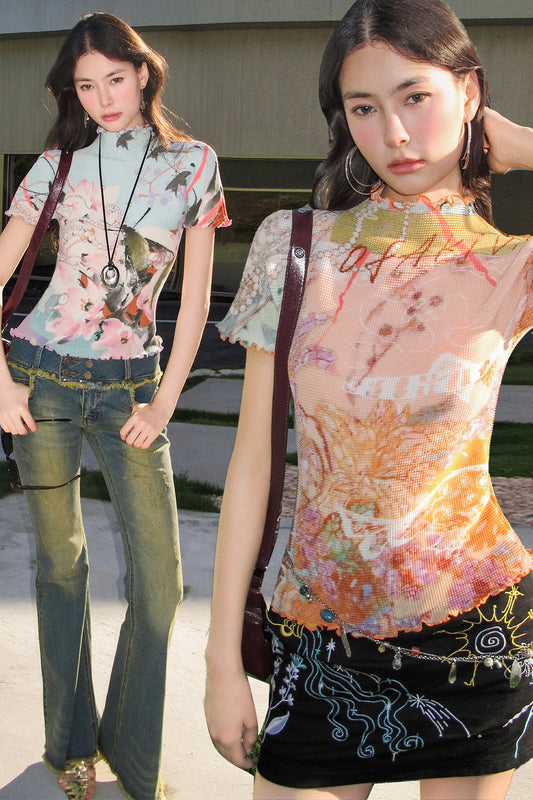 Pleated Floral Ruffle Short-Sleeve Top