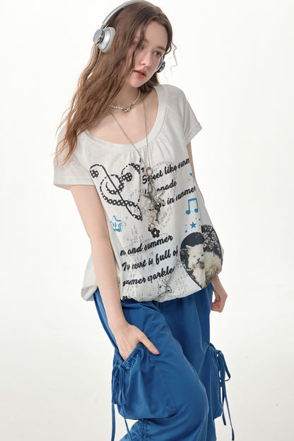 Camiseta de manga corta con cordón ajustable y estampado de gato blanco