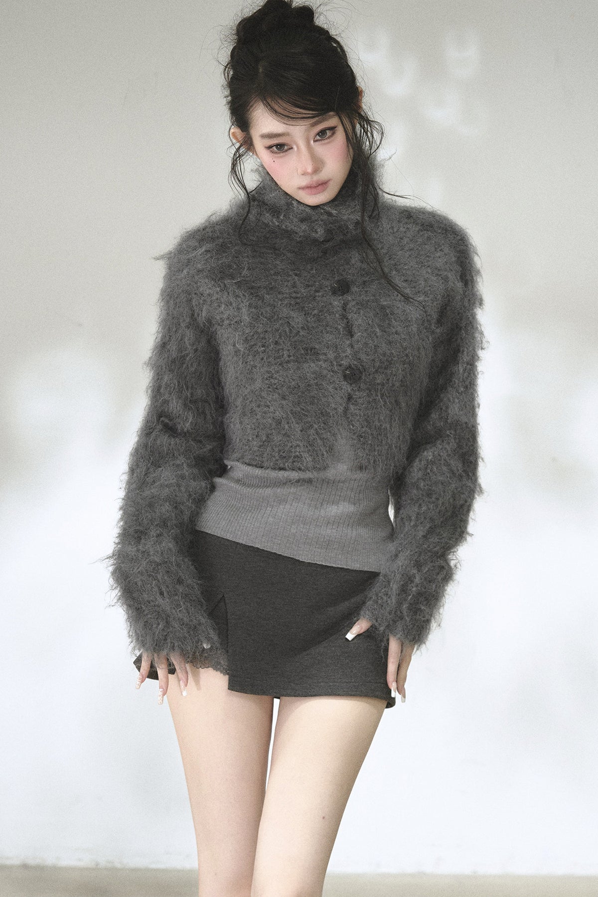 Long-Haired Turtleneck Knit Cardigan