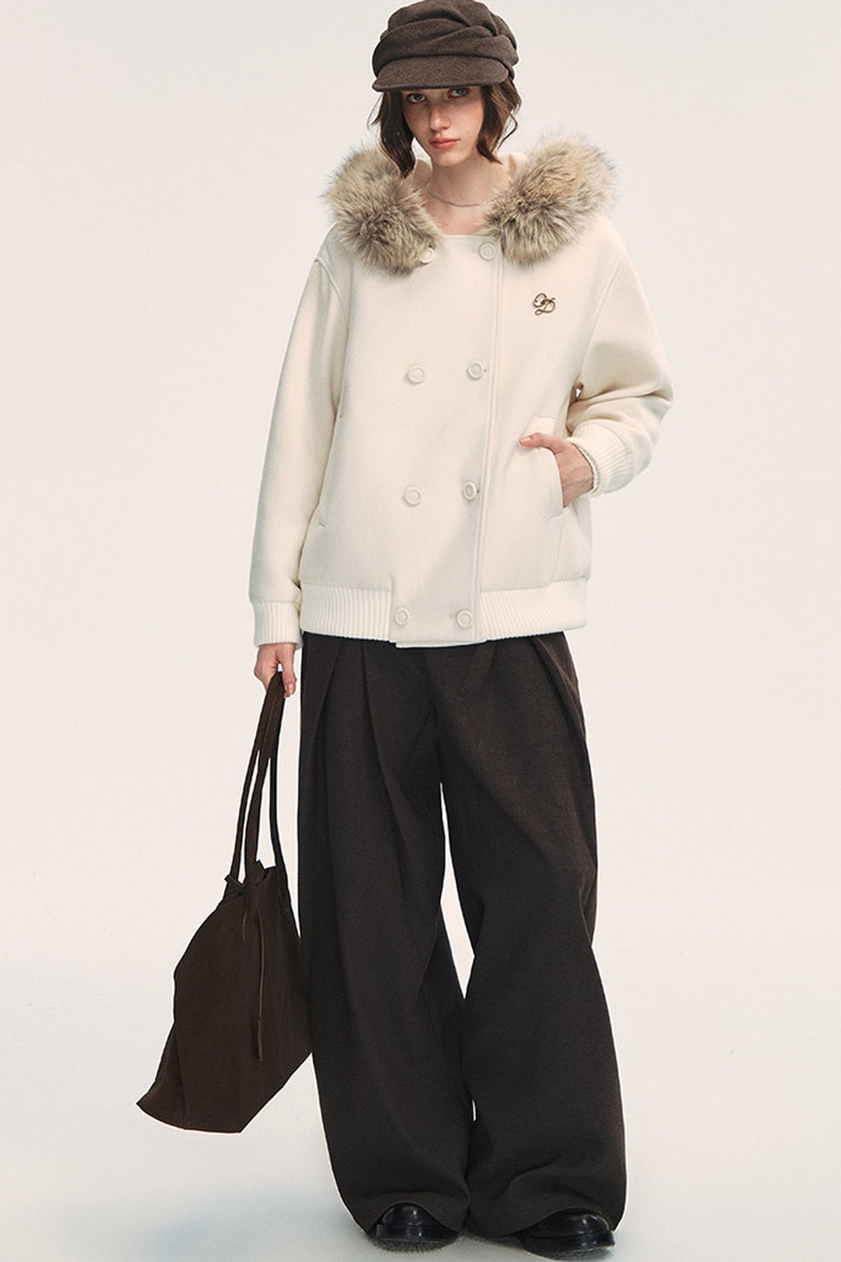 White Wool Hooded Large Fur Collar Jacket