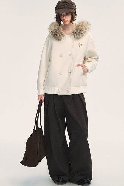 White Wool Hooded Large Fur Collar Jacket