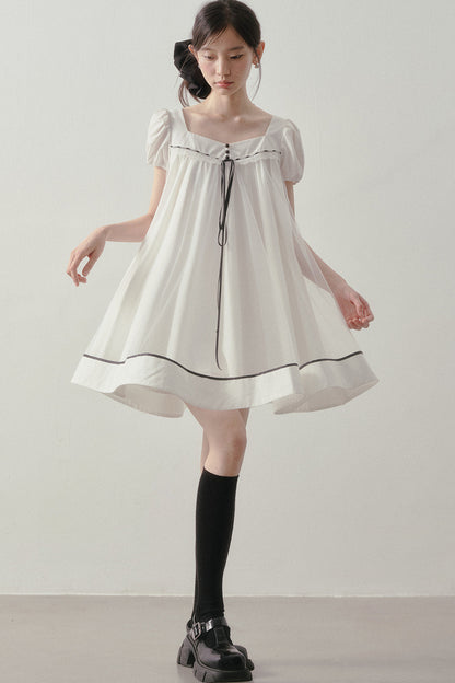 White A-Line Puff Sleeve Contrast Piping Dress